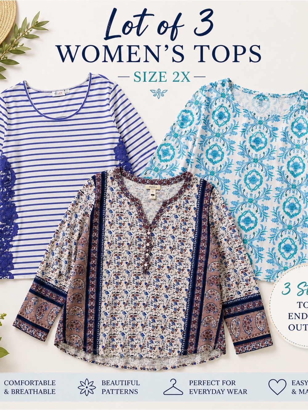 Lot of 3 Tunic Blouses 2X Multicolor 3/4 Sleeve Stretch Cotton Everyday Casual